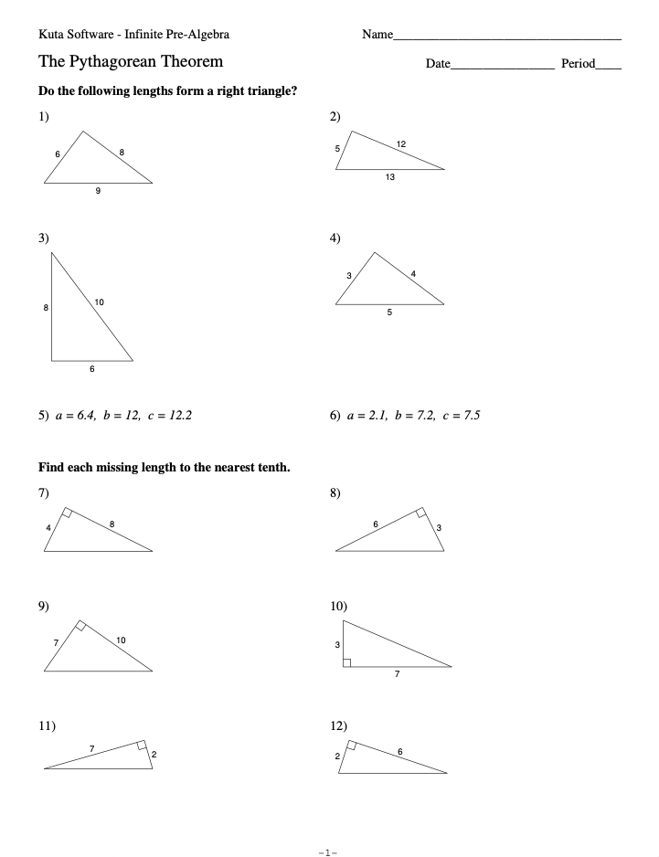 Pythagorean Theorem Worksheet PDF